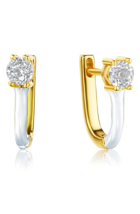 White Enamel & Stone Huggie Hoop Earrings