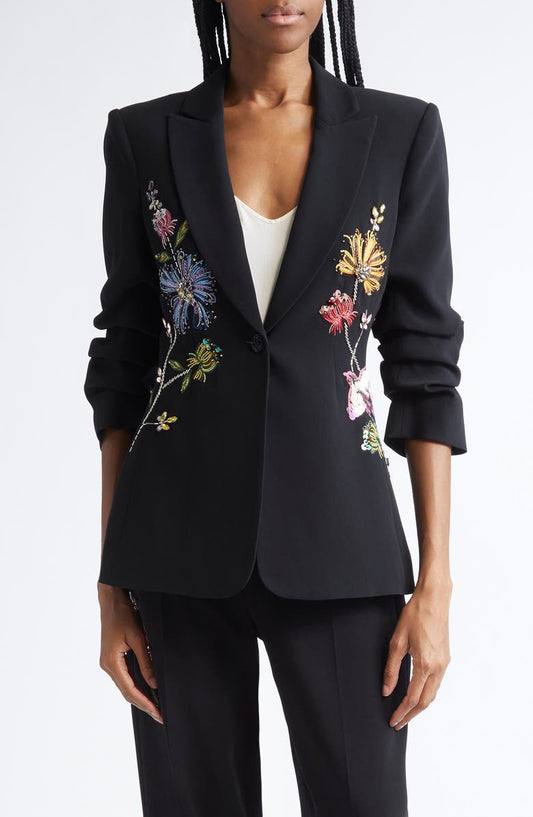 Sequin Floral Scrunched Sleeve Blazer