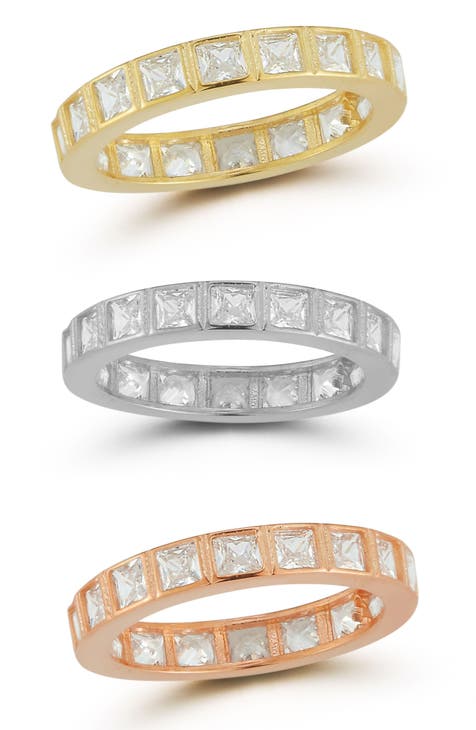 Juego de anillos con circonitas tricolor de plata de ley chapada en oro amarillo y rosa de 14 quilates