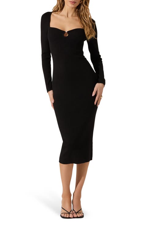 Vestido midi de manga larga con abertura en forma de cerradura y perlas artificiales