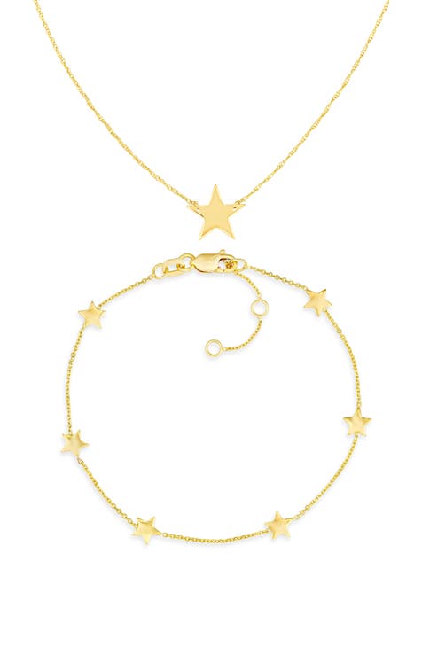 Conjunto de collar y pulsera con colgante estrella de oro de 14 quilates