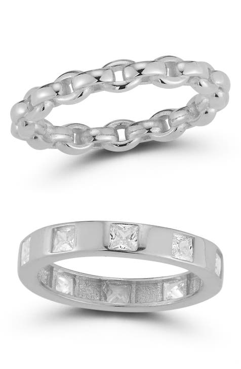 Juego de 2 anillos de plata de ley rodiada con circonitas cúbicas