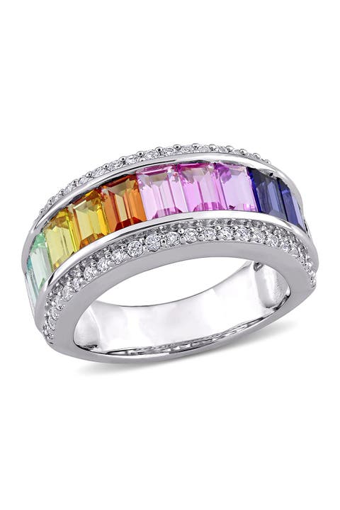 Anillo de plata de ley con zafiro creado multicolor de corte baguette y adornos de pavé