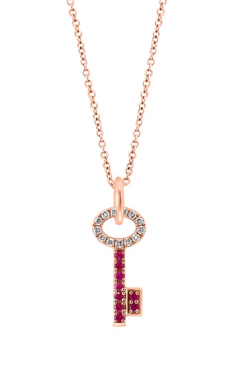 14K Rose Gold Ruby & Diamond Key Pendant Necklace - 0.10ct.