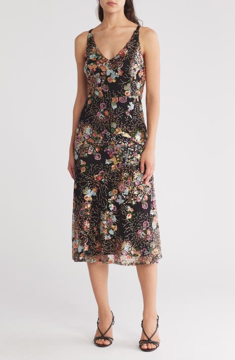 Vestido midi con bordado de lentejuelas florales