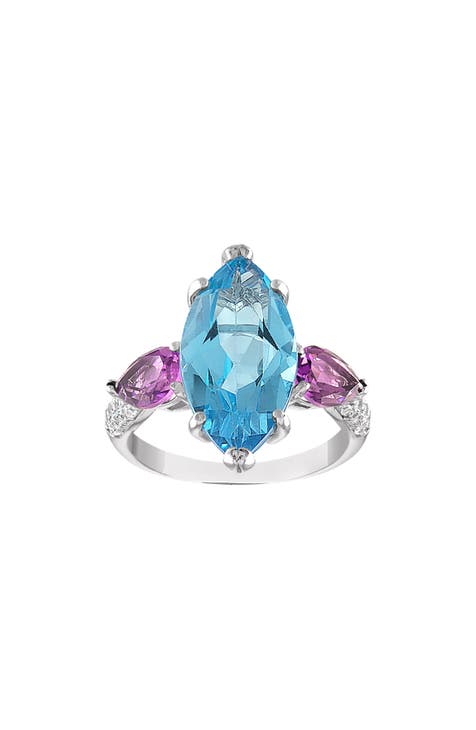 Anillo de plata de ley con topacio azul suizo y amatista