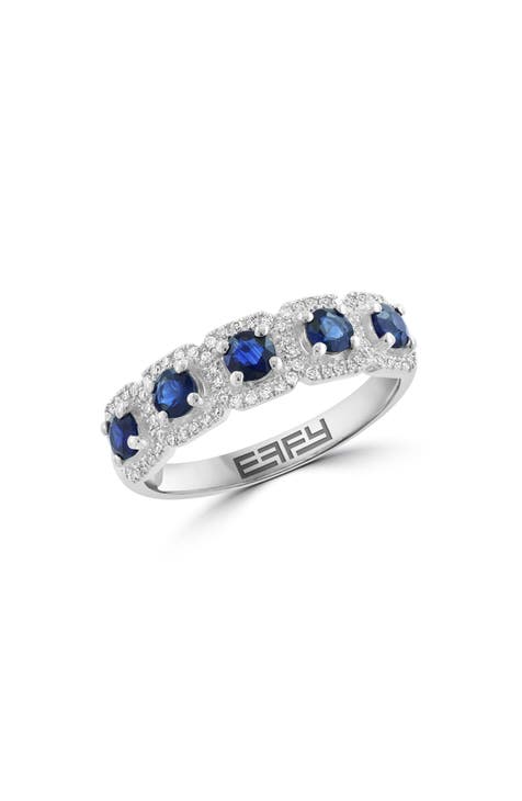 Anillo de Zafiro Azul y Diamante en Oro Blanco de 14K