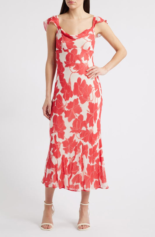 Marigold Floral Flutter Sleeve Midi Dress