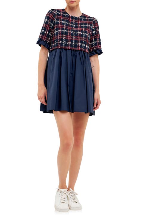 Minivestido plisado de tweed y popelina