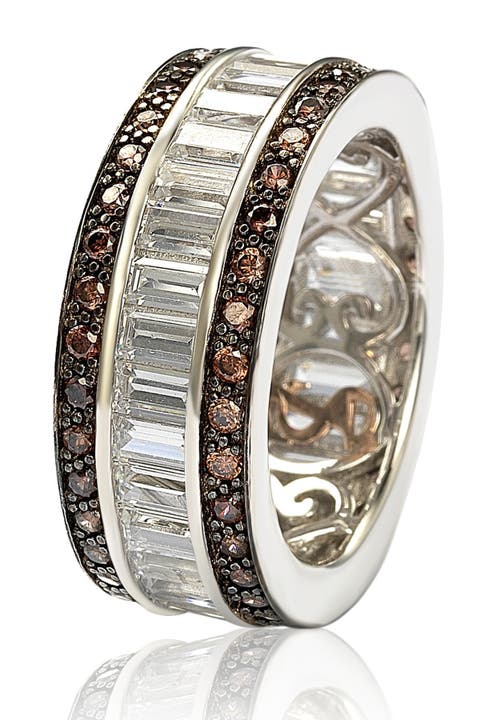 Anillo CZ Baguette Blanco y Chocolate de Plata de Ley