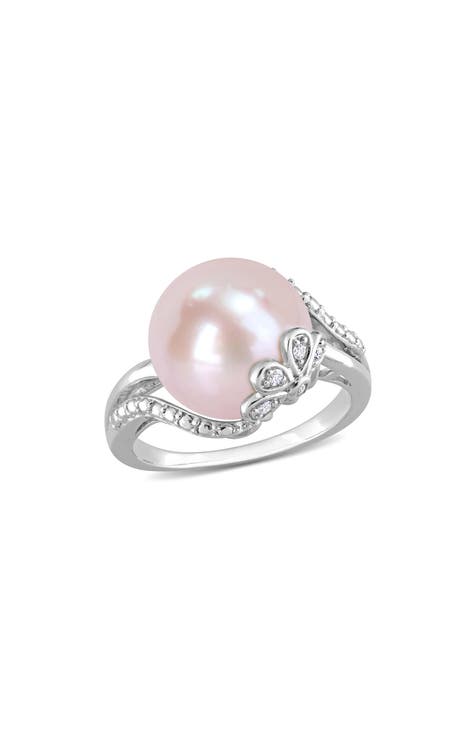 Anillo de plata de ley con perla cultivada rosa de agua dulce de 12-12,5 mm y diamantes - 0,05 ct.