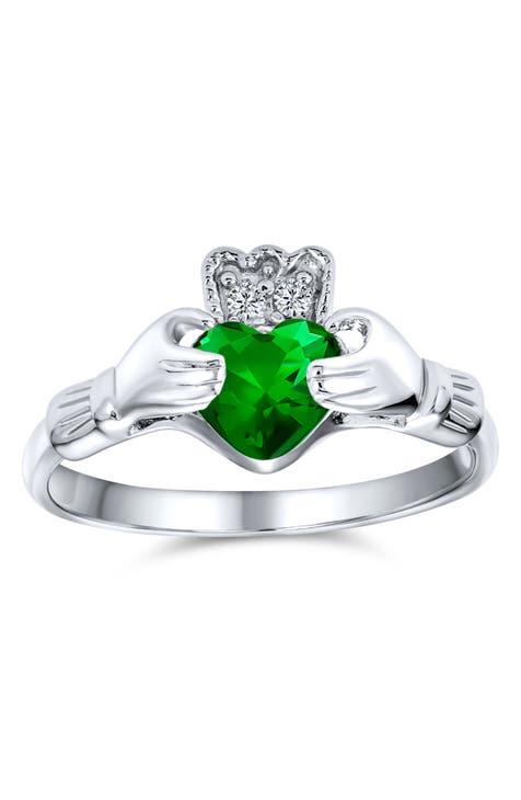 BFF Anillo Claddagh Celta Irlandés CZ de Plata de Ley Chapado en Rodio