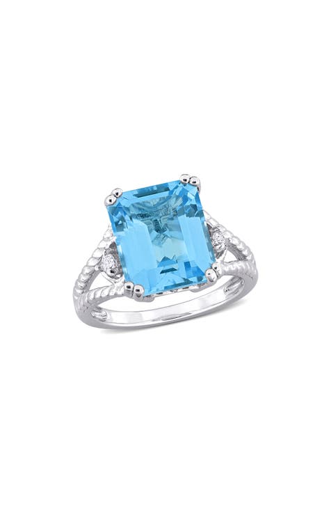 Anillo de plata de ley con corte octogonal de topacio blanco y azul