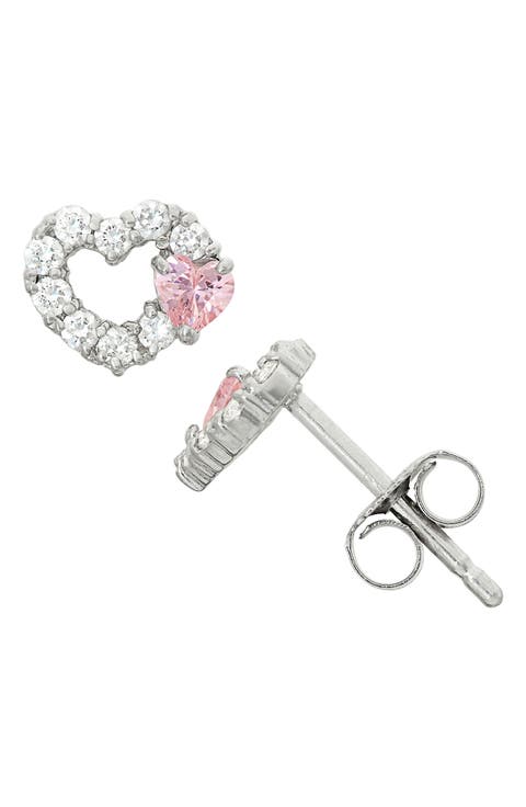 Kids' Sterling Silver CZ Heart Stud Earrings