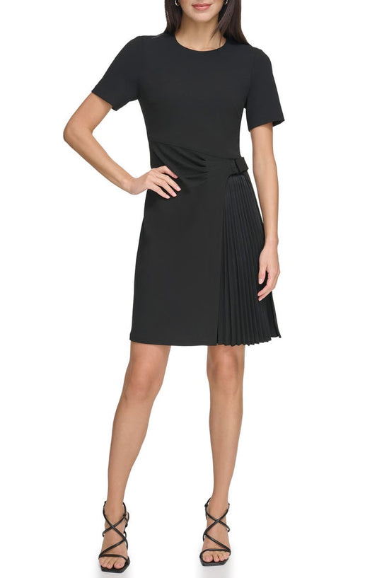 Short Sleeve Pleated Crepe A-Line Dress