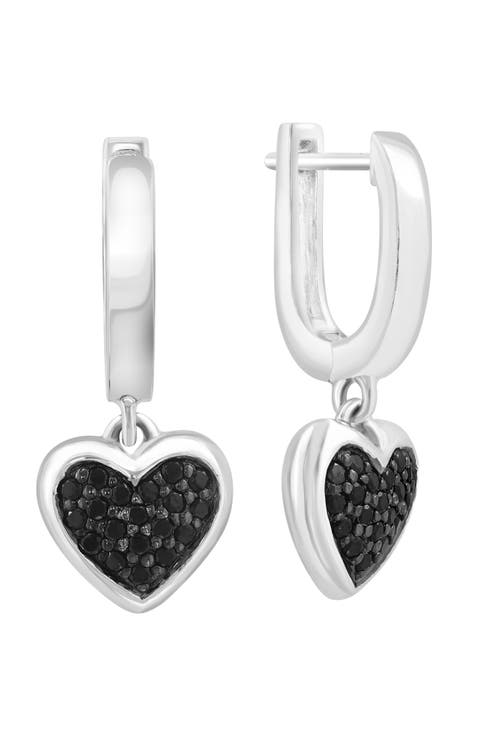 Sterling Silver Pavé Black Spinel Heart Drop Huggie Hoop Earrings