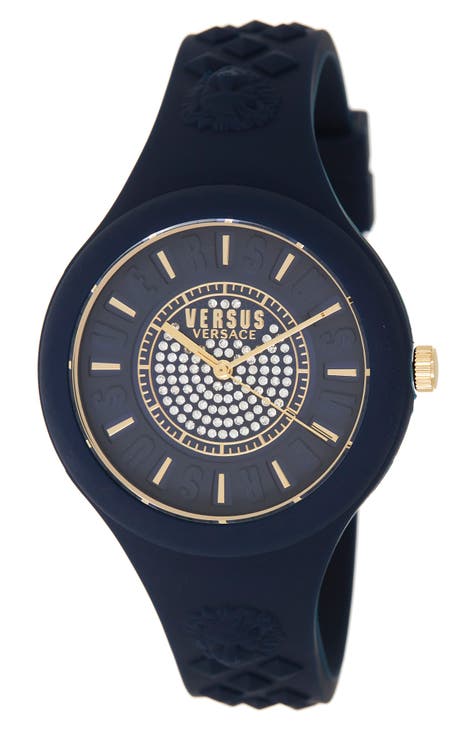 Reloj Versace con correa de silicona y pavé de cristal, 39 mm y estuche con cremallera