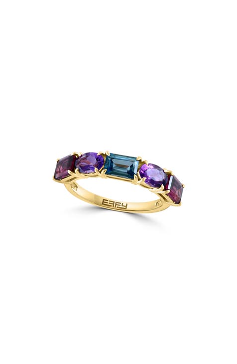Anillo de oro rosa de 14 quilates con amatista, topacio azul de Londres y rodolita
