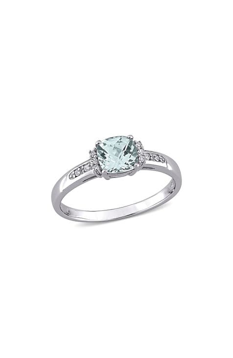 Anillo de diamantes aguamarina talla cojín de oro blanco de 10 quilates