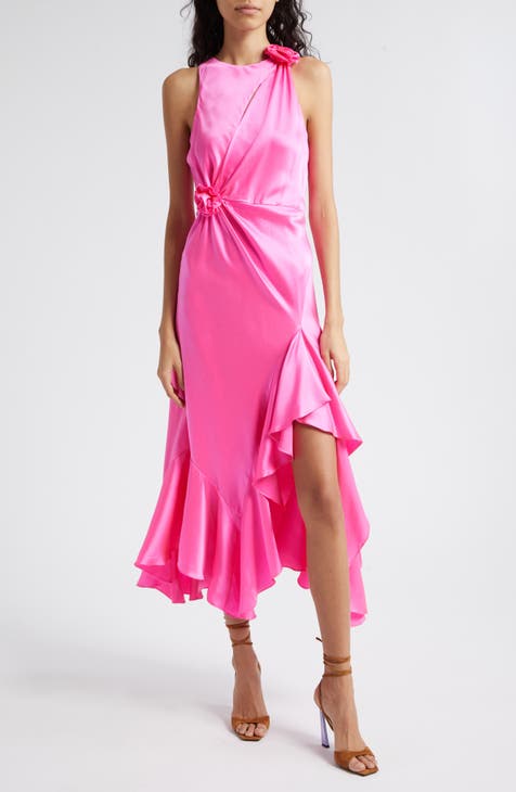 Vestido de seda con detalle de volantes y rosetón de Cates