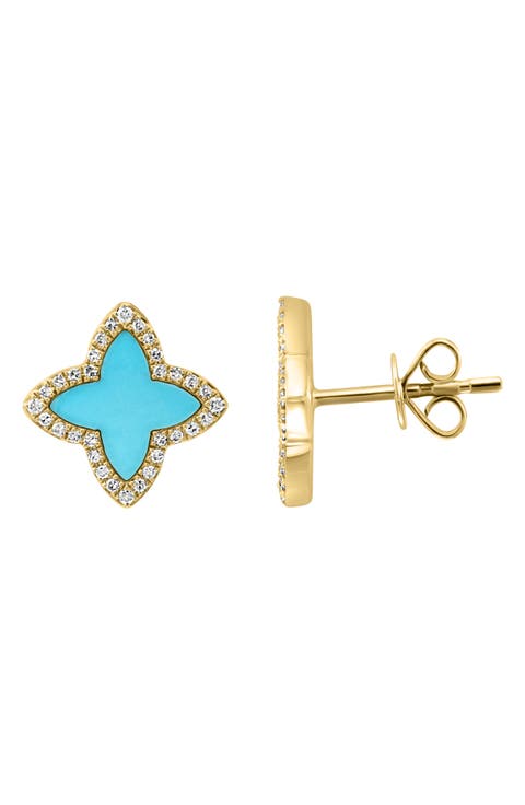 14K Yellow Gold Turquoise & Diamond Clover Stud Earrings