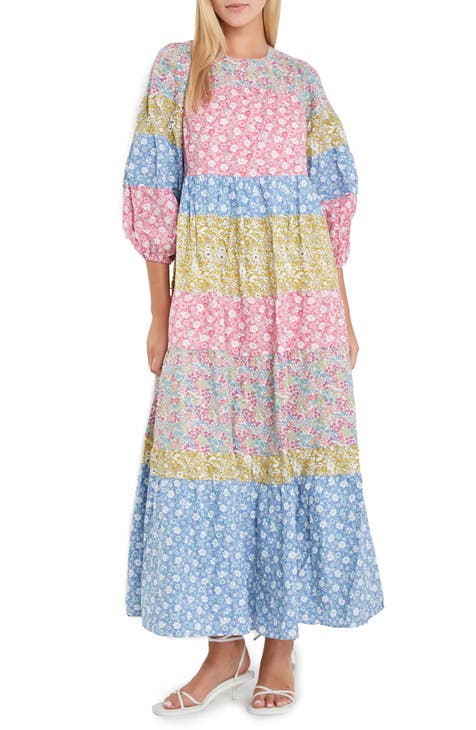 Vestido largo con mangas abullonadas tres cuartos y bloques de color