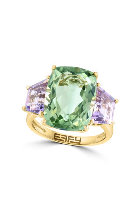 Anillo de Oro Amarillo de 14K Amatista Rosa y Prasiolita