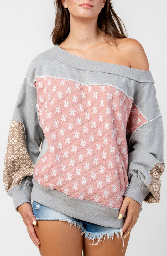 One-Shoulder Mixed Media Sweatshirt