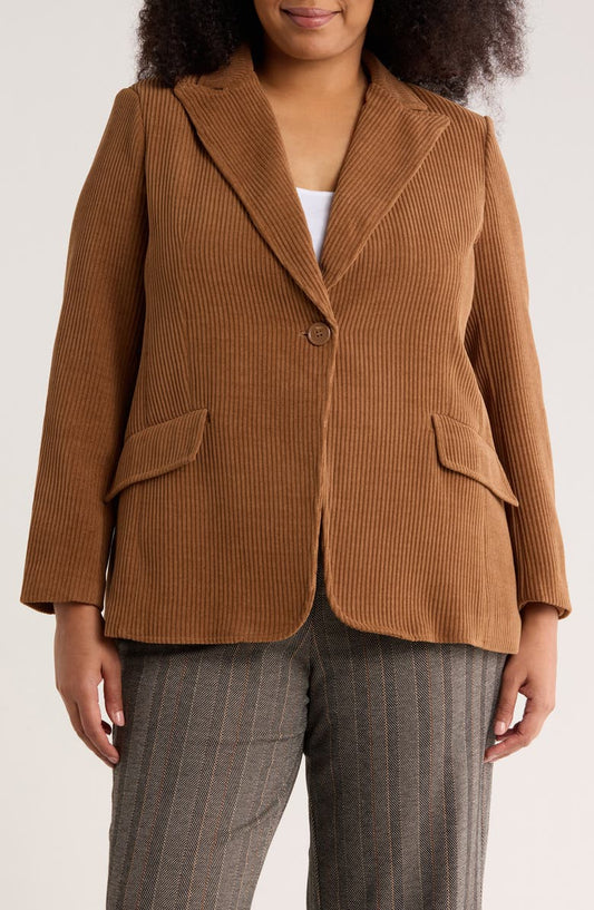 Peak Lapel Single Button Corduroy Blazer (Plus)