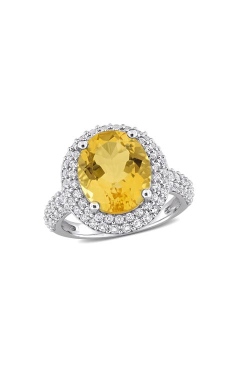 Anillo de Cóctel con Halo de CZ y Piedras Semipreciosas de Corte Ovalado