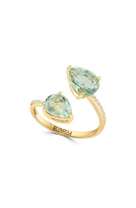 Anillo Bypass de Cuarzo Verde y Diamante en Oro Amarillo de 14K - 0.06ct. - Talla 7