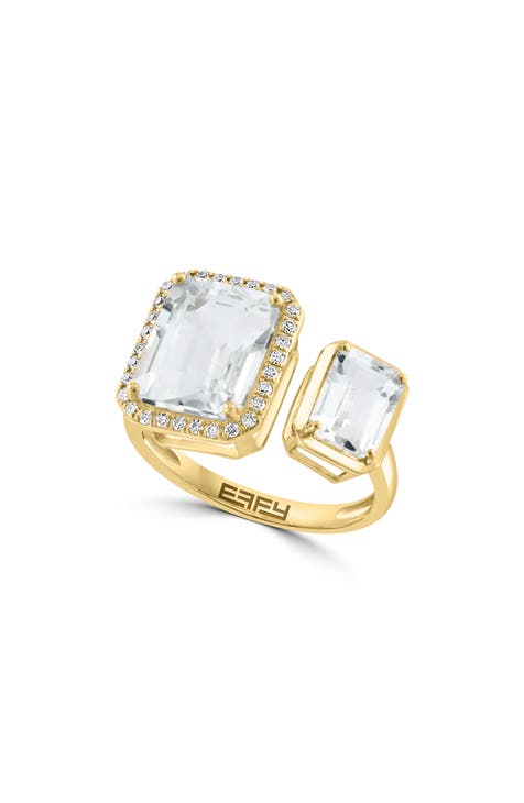 Anillo de oro de 14 quilates con halo de diamantes y topacio blanco de 2 piedras - 0,14 ctw - Talla 7