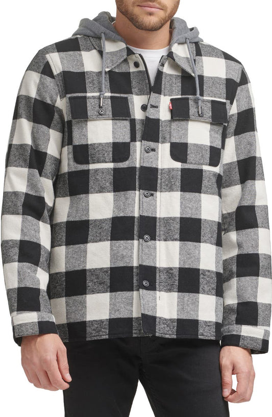 Plaid Faux Shearling Lined Jersey Hood Shirt Jacket