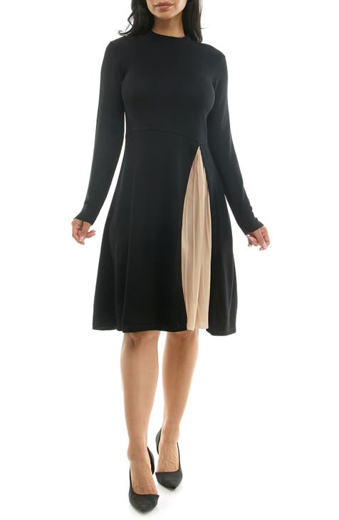 Vestido suéter plisado de manga larga