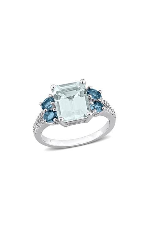 Anillo de Aguamarina, Topacio Azul de Londres y Diamante