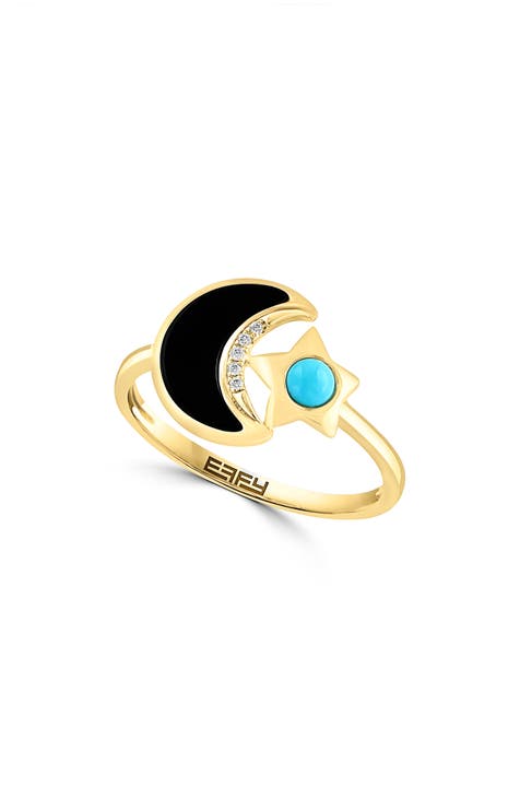 Anillo Onyx Turquesa Diamante Luna Creciente y Estrella - 0.01ct.