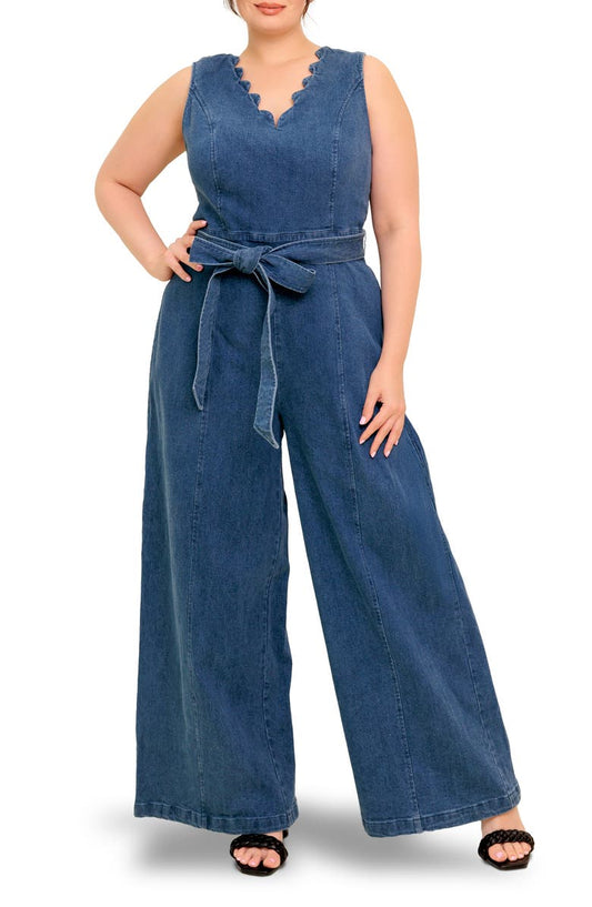 Scallop Neck Denim Jumpsuit (Plus)