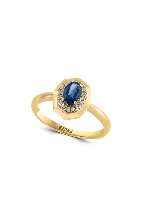 Anillo de oro amarillo de 14 quilates con zafiro y pavé de diamantes