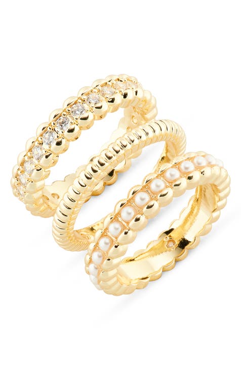 Juego de tres anillos apilables con circonitas y perlas de imitación