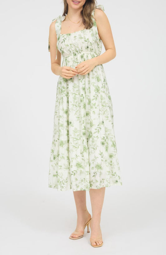 Shoulder Tie Floral Midi Dress