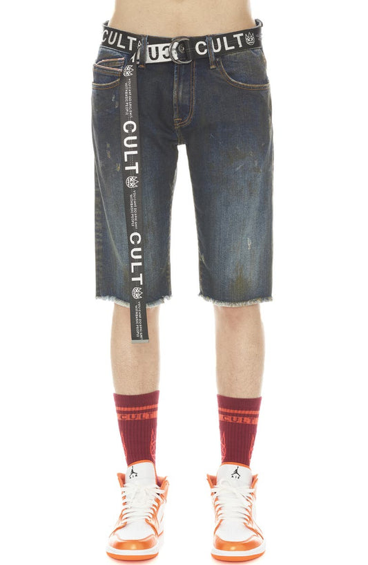 Rocker Belted Slim Fit Stretch Denim Shorts (Tidal)