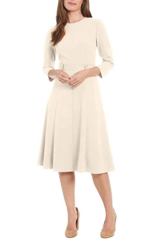 Three-Quarter Sleeve Seamed Side Tab Fit & Flare Midi Dress