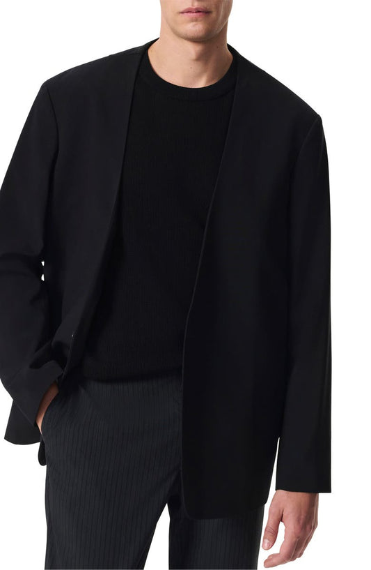 Slim Fit Collarless Black Wool Blend Ripstop Sport Coat