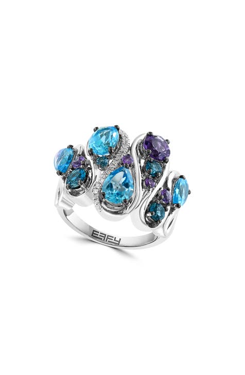 Anillo de plata de ley con amatista, topacio azul, topacio azul de Londres y diamantes - 0,07ct.