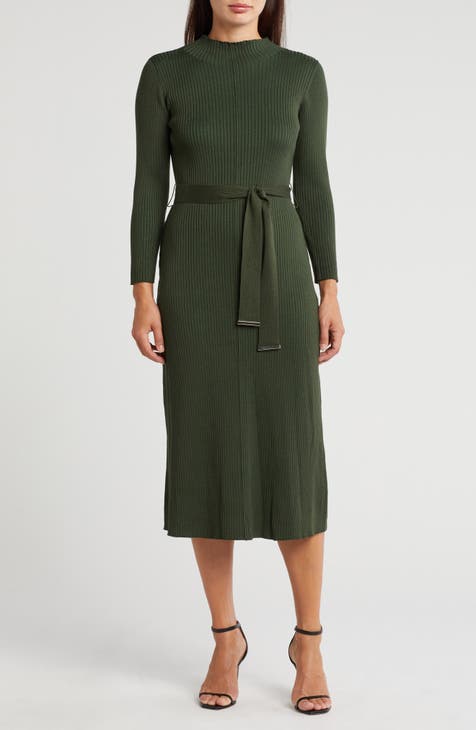 Vestido estilo suéter midi de manga larga con lazo en la cintura