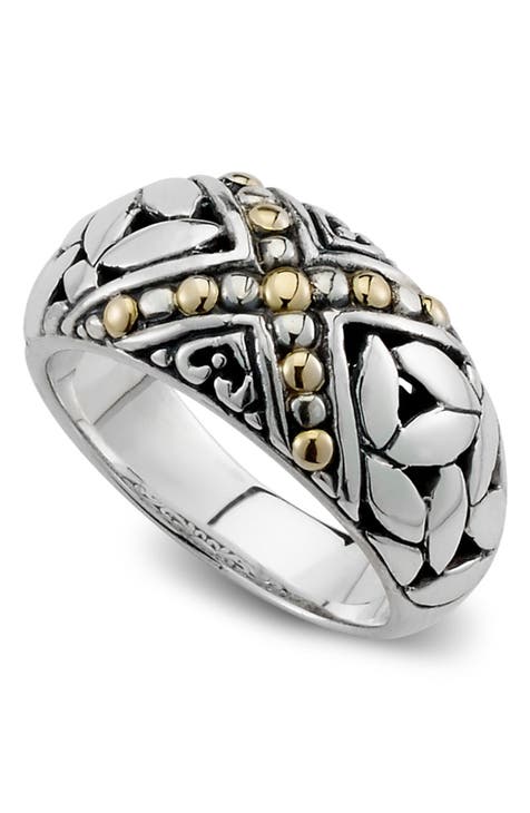 Anillo de oro amarillo de 18 quilates y plata de ley con diseño de hoja y filigrana