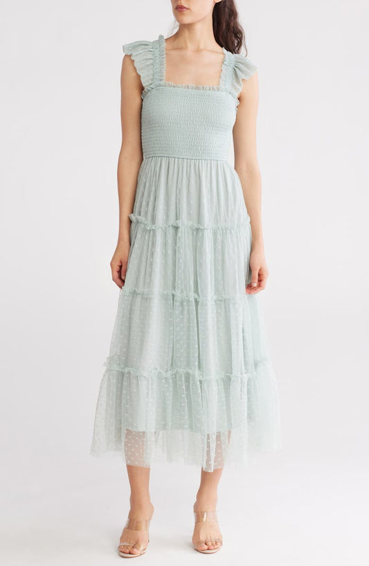 Mesh Smocked Tiered Midi Dress