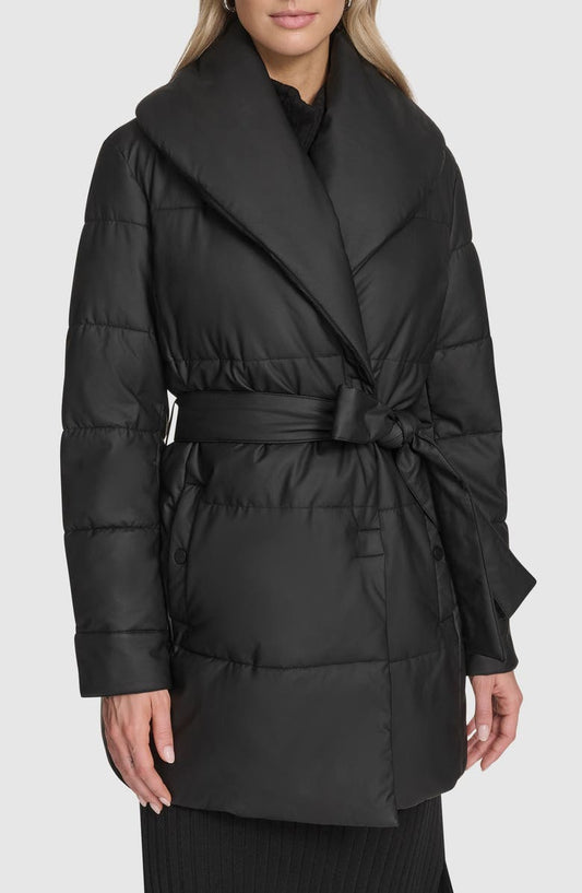 Adela Faux Leather Shawl Collar Quilted Wrap Coat
